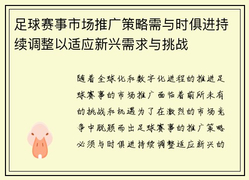 足球赛事市场推广策略需与时俱进持续调整以适应新兴需求与挑战
