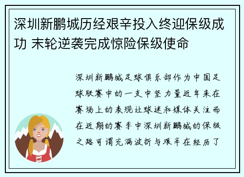深圳新鹏城历经艰辛投入终迎保级成功 末轮逆袭完成惊险保级使命 深圳新鹏城历经艰辛投入终迎保级成功 末轮逆袭完成惊险保级使命